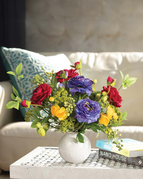 Mixed Ranunculus & Berries Faux Flower Arrangement  in Red and Purple.